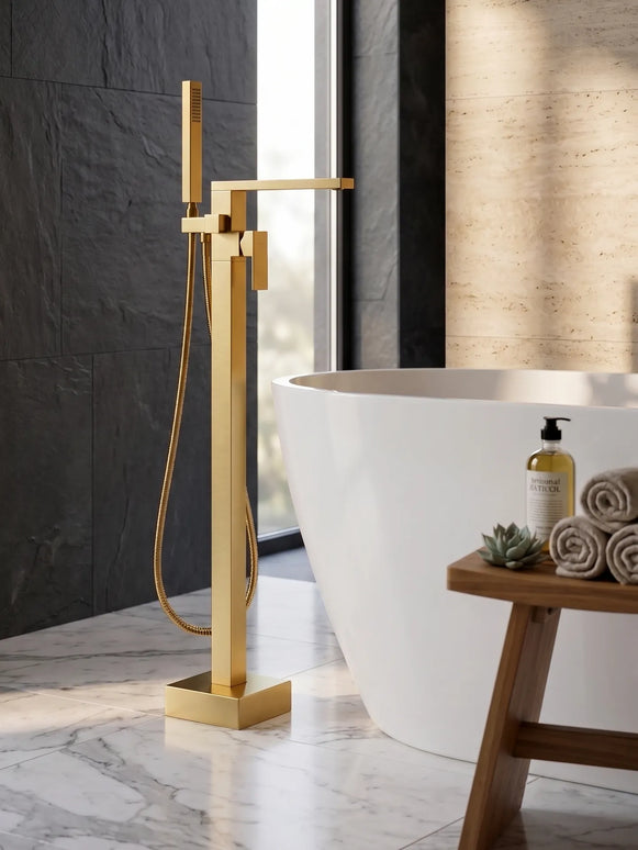 Baterie cadă freestanding JH-9001 cu duș de mână – auriu periat