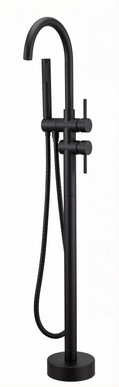 Baterie freestanding pentru cadă JH-9002, finisaj negru mat, cu pipă înaltă arcuită, duș de mână cilindric și montaj pe pardoseală
