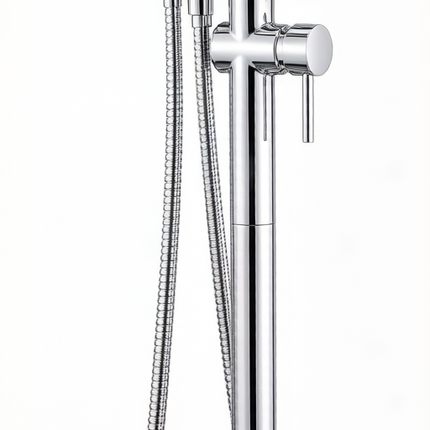 Baterie freestanding pentru cadă JH-9002, finisaj crom, cu pipă înaltă arcuită, duș de mână cilindric și montaj pe pardoseală