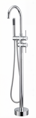Baterie freestanding pentru cadă JH-9002, finisaj crom, cu pipă înaltă arcuită, duș de mână cilindric și montaj pe pardoseală