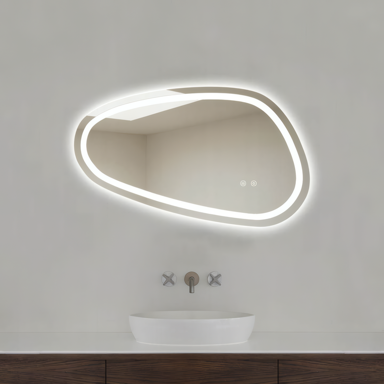 Oglindă baie LED 78.2x47.5 cm asimetrică, 3 nuanțe de lumină, dezaburire și touch control J-18