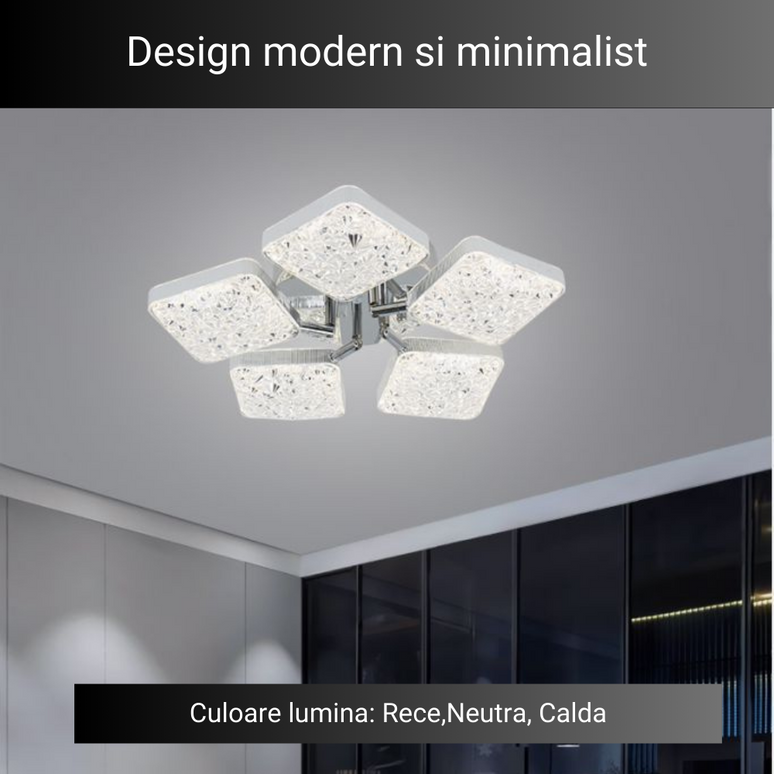 Lustra LED Minimal Silver 5, cu telecomanda, 102W, gri, cu trei tipuri de lumina SE-C1192/5 LMX