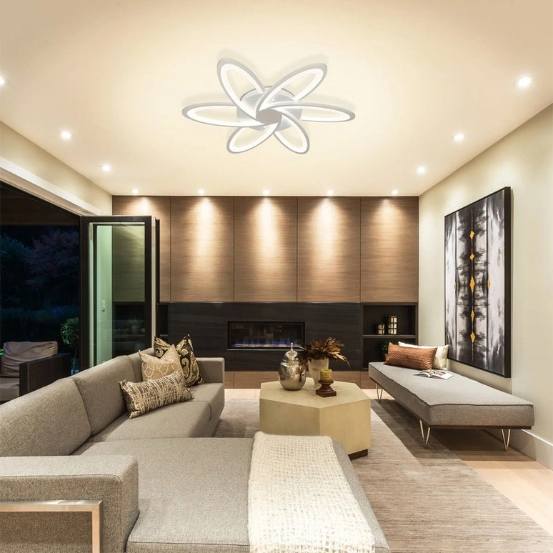 Lustra LED Minimalist Flower G3818/6, cu telecomanda, 144W, 6000lm, alb, cu trei tipuri de lumina