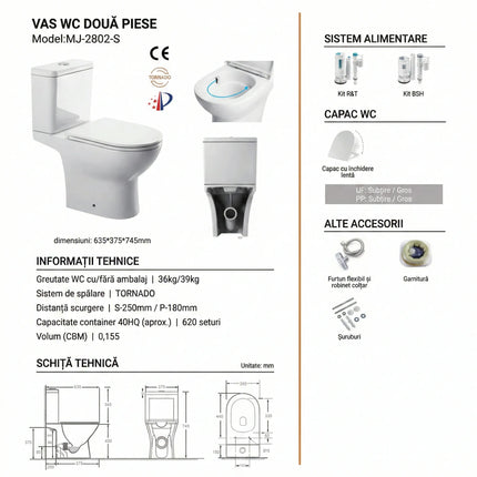 Vas WC cu Rezervor MJ-2802-S – Alb Lucios, Sistem Turbo Tornado, Capac Soft-Close