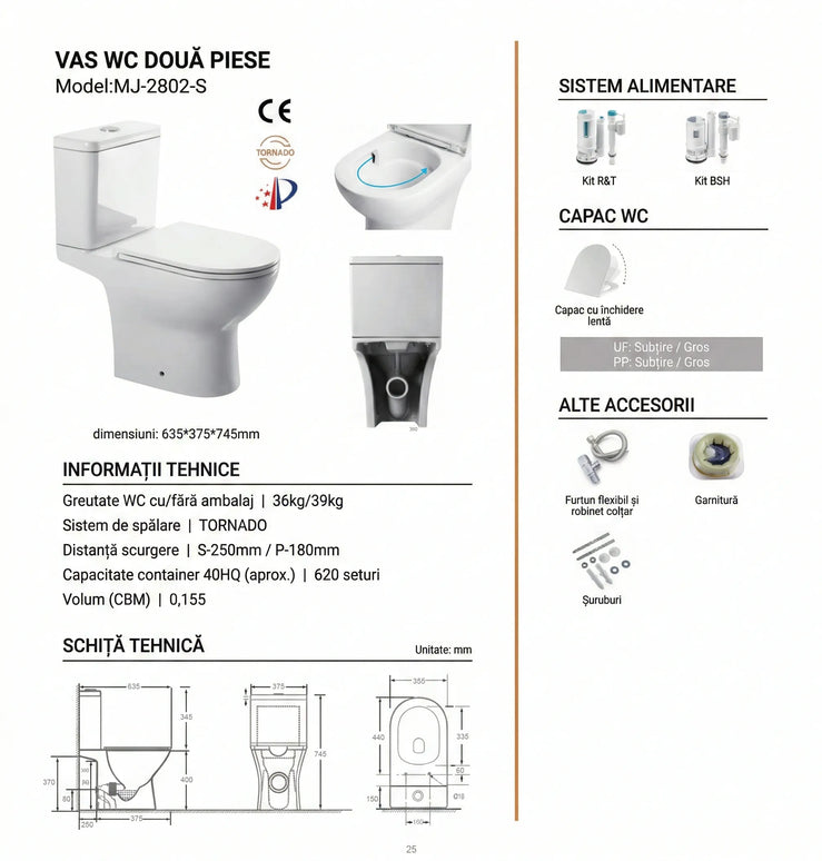 Vas WC cu Rezervor MJ-2802-S – Alb Lucios, Sistem Turbo Tornado, Capac Soft-Close
