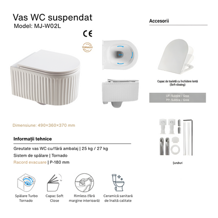 Vas WC Suspendat Rimless Alb Mat cu Decor Auriu și Capac Alb Soft-Close