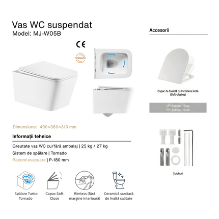 Vas Wc Suspendat Prisma - Black Mat, Rimless