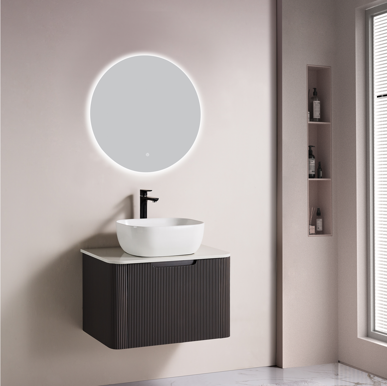 Set complet mobilier baie suspendat Milano cu lavoar și oglindă LED rotundă – negru