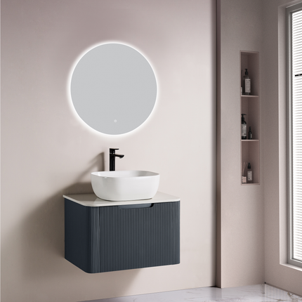 Set complet mobilier baie suspendat Milano cu lavoar și oglindă LED rotundă – Gri