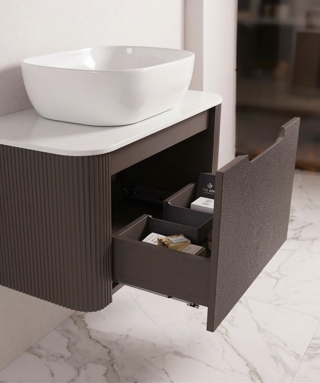 Set complet mobilier baie suspendat Milano cu lavoar și oglindă LED rotundă – negru