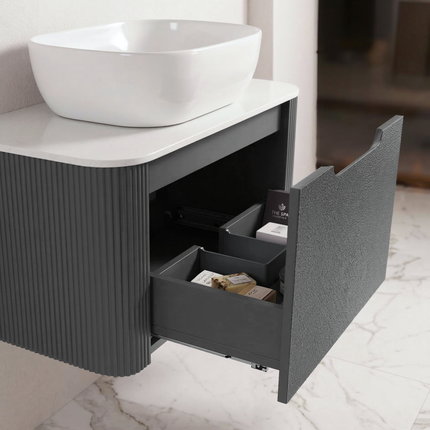 Set complet mobilier baie suspendat Milano cu lavoar și oglindă LED rotundă – Gri