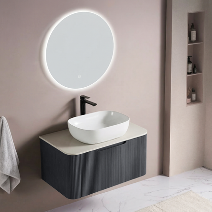 Set complet mobilier baie suspendat Milano cu lavoar și oglindă LED rotundă – Gri