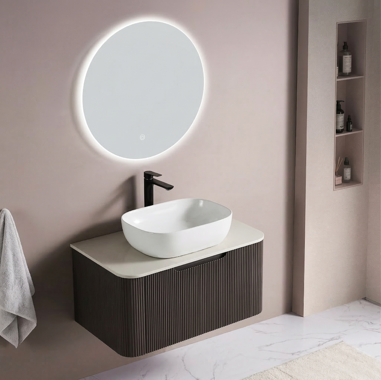 Set complet mobilier baie suspendat Milano cu lavoar și oglindă LED rotundă – negru