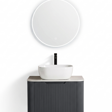 Set complet mobilier baie suspendat Milano cu lavoar și oglindă LED rotundă – Gri