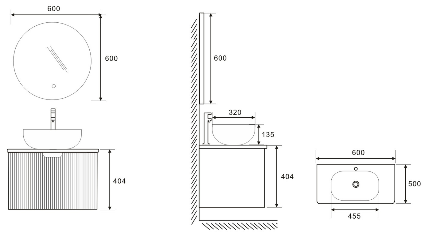 Set complet mobilier baie suspendat Milano cu lavoar și oglindă LED rotundă – negru