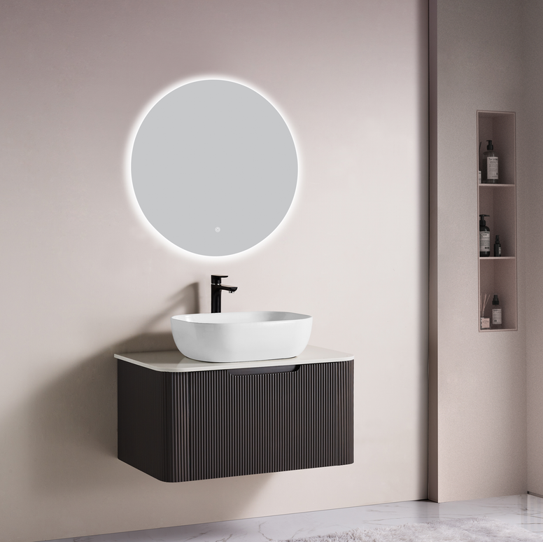 Set complet mobilier baie suspendat Milano cu lavoar și oglindă LED rotundă – negru