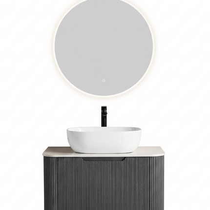 Set complet mobilier baie suspendat Milano cu lavoar și oglindă LED rotundă – Gri