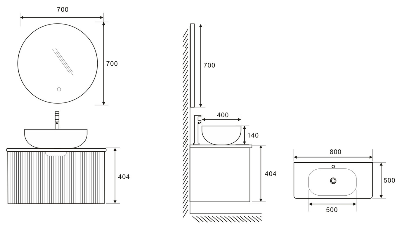 Set complet mobilier baie suspendat Milano cu lavoar și oglindă LED rotundă – negru