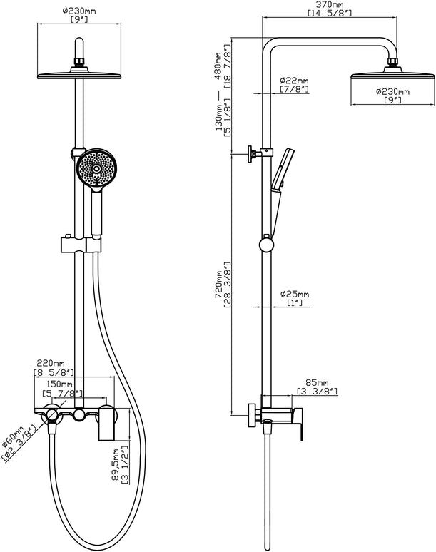 Set duș 2 funcții – finisaj negru mat, design modern din alamă solidă