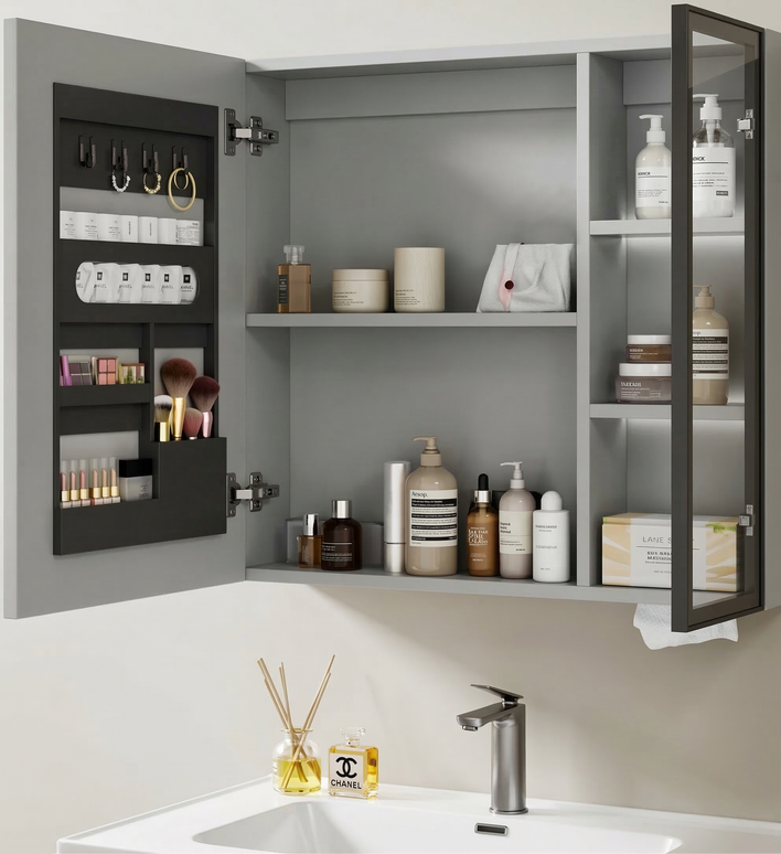 Set complet mobilier baie suspendat Marielle cu lavoar și dulap cu oglindă – gri