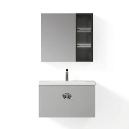 Set complet mobilier baie suspendat Marielle cu lavoar și dulap cu oglindă – gri