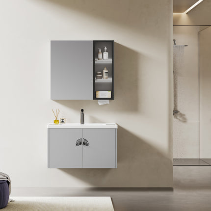 Set complet mobilier baie suspendat Marielle cu lavoar și dulap cu oglindă – gri
