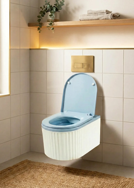 Vas WC Suspendat Rimless – Alb Mat Texturat cu Capac Albastru Deschis Mat