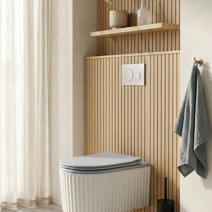 Vas WC Suspendat Rimless – Alb Mat Texturat cu Capac Albastru Deschis Mat