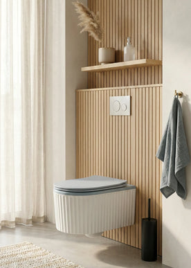 Vas WC Suspendat Rimless – Alb Mat Texturat cu Capac Albastru Deschis Mat