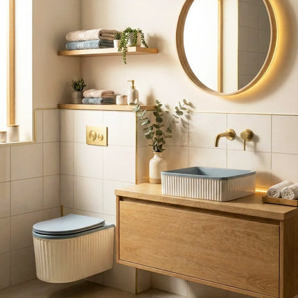 Vas WC Suspendat Rimless – Alb Mat Texturat cu Capac Albastru Deschis Mat