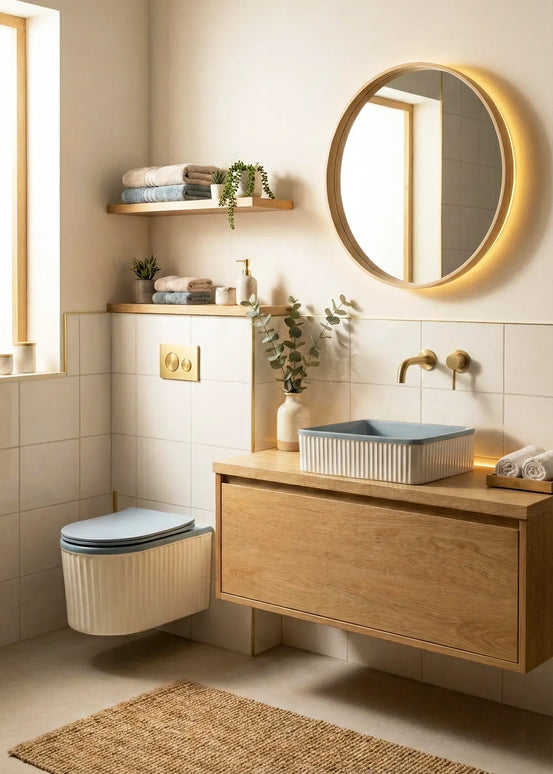 Vas WC Suspendat Rimless – Alb Mat Texturat cu Capac Albastru Deschis Mat