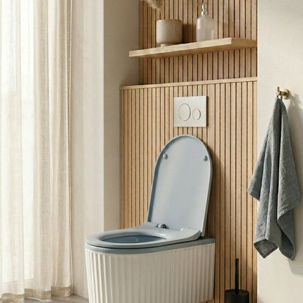 Vas WC Suspendat Rimless – Alb Mat Texturat cu Capac Albastru Deschis Mat