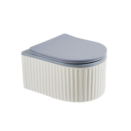 Vas WC Suspendat Rimless – Alb Mat Texturat cu Capac Albastru Deschis Mat