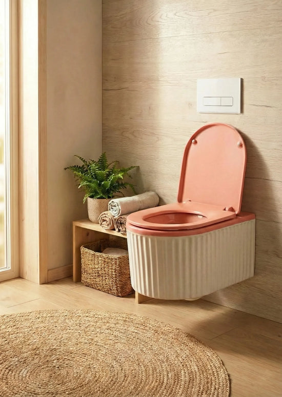 Vas WC Suspendat Rimless – Alb Mat Texturat cu Capac Roz Mat