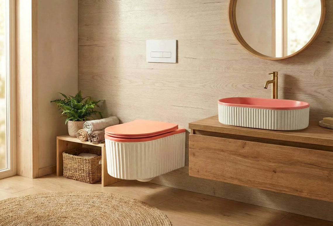 Vas WC Suspendat Rimless – Alb Mat Texturat cu Capac Roz Mat