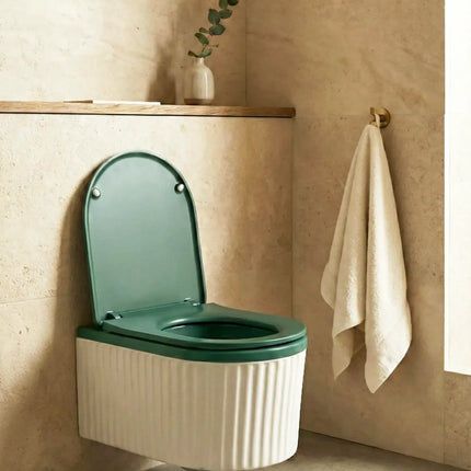 Vas WC Suspendat Rimless – Alb Mat Texturat cu Capac Verde Mat