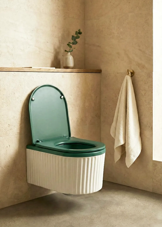 Vas WC Suspendat Rimless – Alb Mat Texturat cu Capac Verde Mat