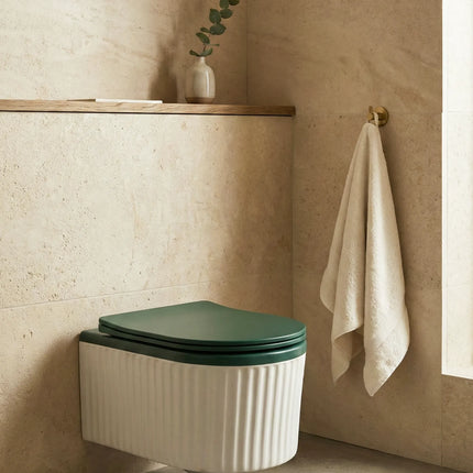 Vas WC Suspendat Rimless – Alb Mat Texturat cu Capac Verde Mat