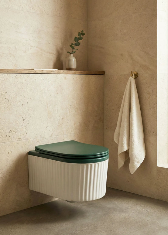 Vas WC Suspendat Rimless – Alb Mat Texturat cu Capac Verde Mat