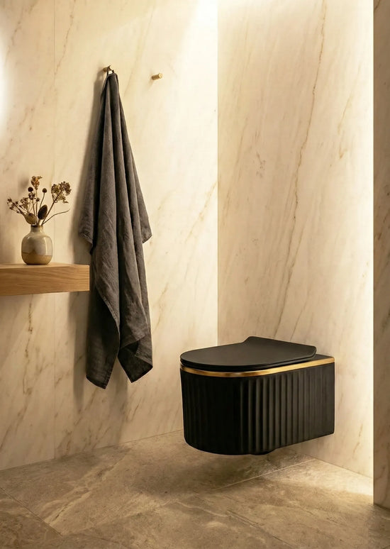 Vas WC Suspendat Rimless W02L-CBKGGLG-M – Negru Mat Striat cu Linie Aurie Soft-Close