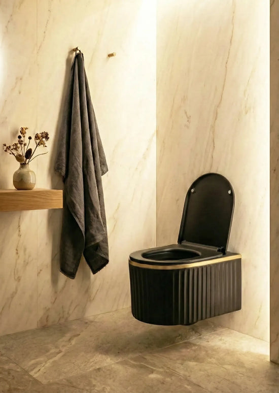 Vas WC Suspendat Rimless W02L-CBKGGLG-M – Negru Mat Striat cu Linie Aurie Soft-Close