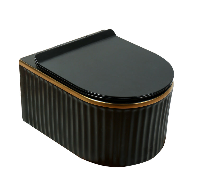 Vas WC Suspendat Rimless W02L-CBKGGLG-M – Negru Mat Striat cu Linie Aurie Soft-Close