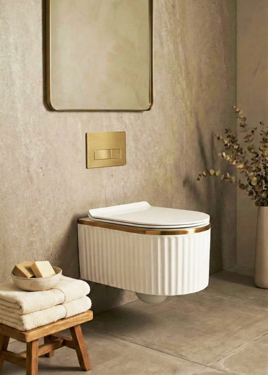 Vas WC Suspendat Rimless W02L-GGLG-M – Alb Mat Striat cu Linie Aurie Soft-Close