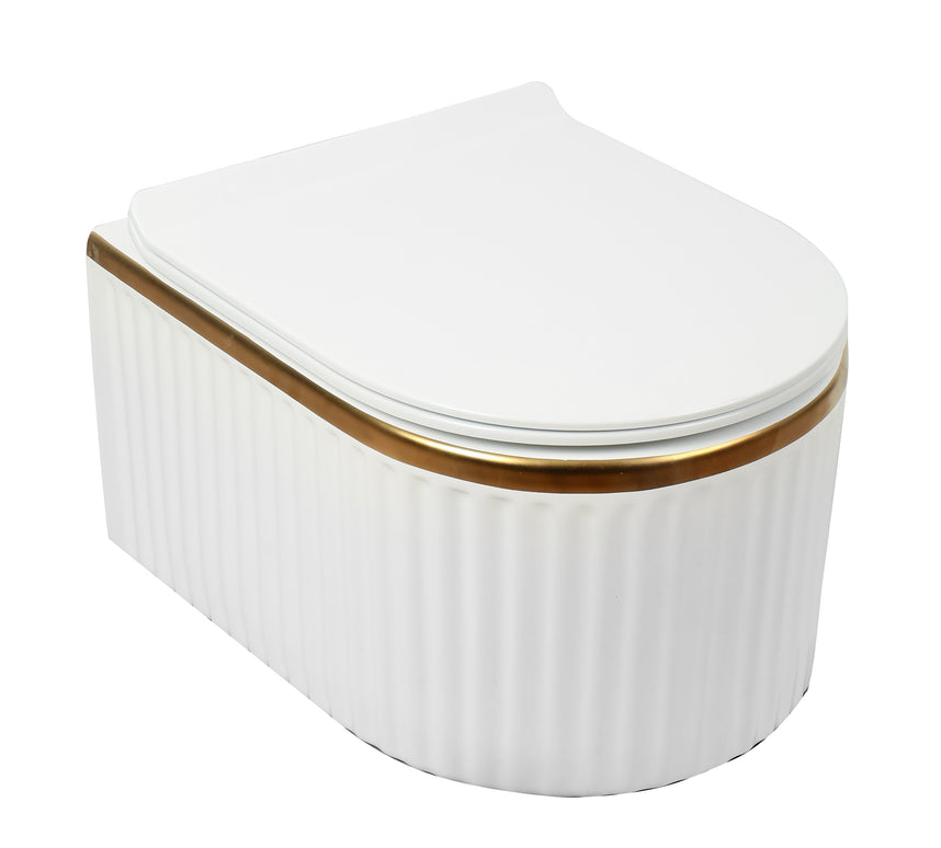 Vas WC Suspendat Rimless W02L-GGLG-M – Alb Mat Striat cu Linie Aurie Soft-Close