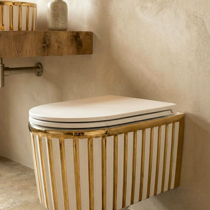 Vas WC Suspendat Rimless Alb Mat cu Decor Auriu și Capac Alb Soft-Close