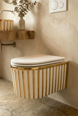 Vas WC Suspendat Rimless Alb Mat cu Decor Auriu și Capac Alb Soft-Close