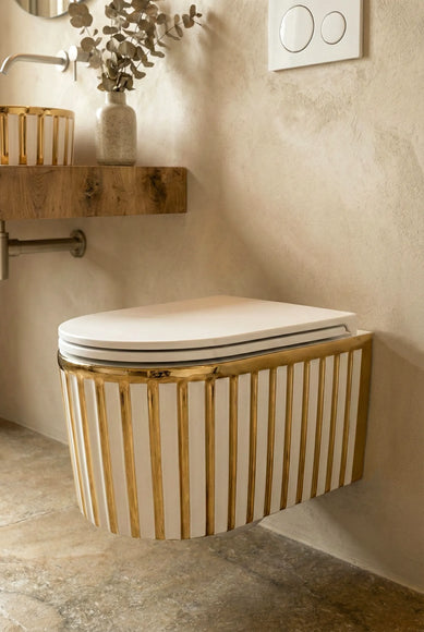 Vas WC Suspendat Rimless Alb Mat cu Decor Auriu și Capac Alb Soft-Close