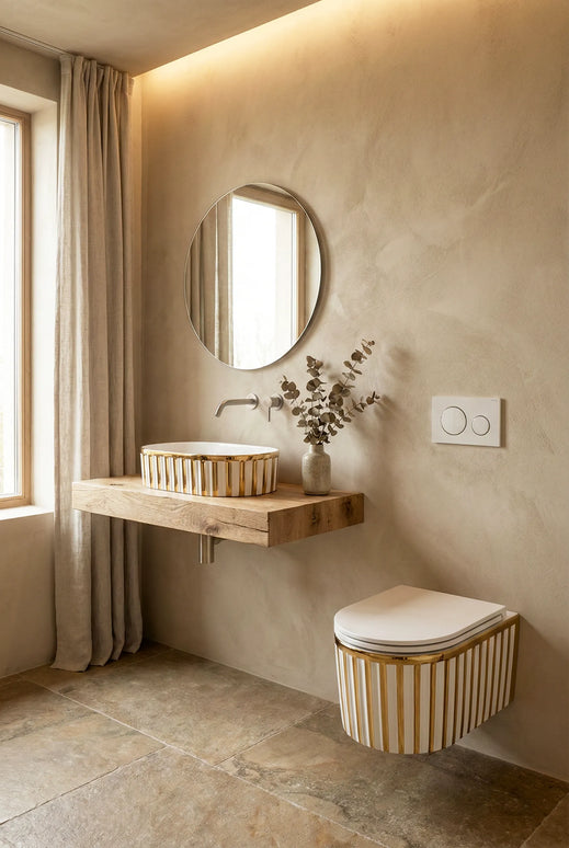 Lavoar ceramic oval A721-GGLW – design elegant alb lucios cu decor auriu