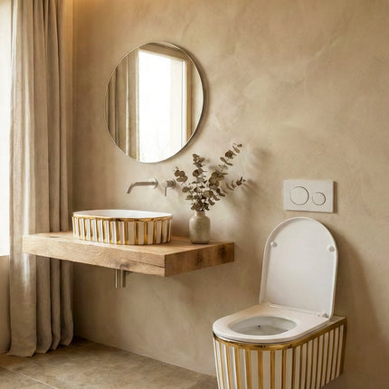 Vas WC Suspendat Rimless Alb Mat cu Decor Auriu și Capac Alb Soft-Close