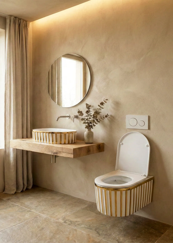 Vas WC Suspendat Rimless Alb Mat cu Decor Auriu și Capac Alb Soft-Close